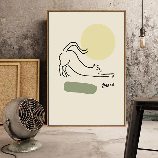 Minimalist Cat Stretching Wall Art with Green Circles - Framed Canvas Print