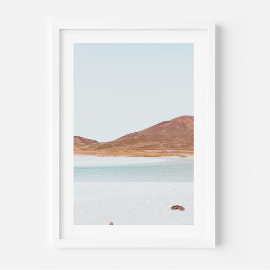 Serene Desert Landscape Oil Painting with Red Stones and Calm Waters