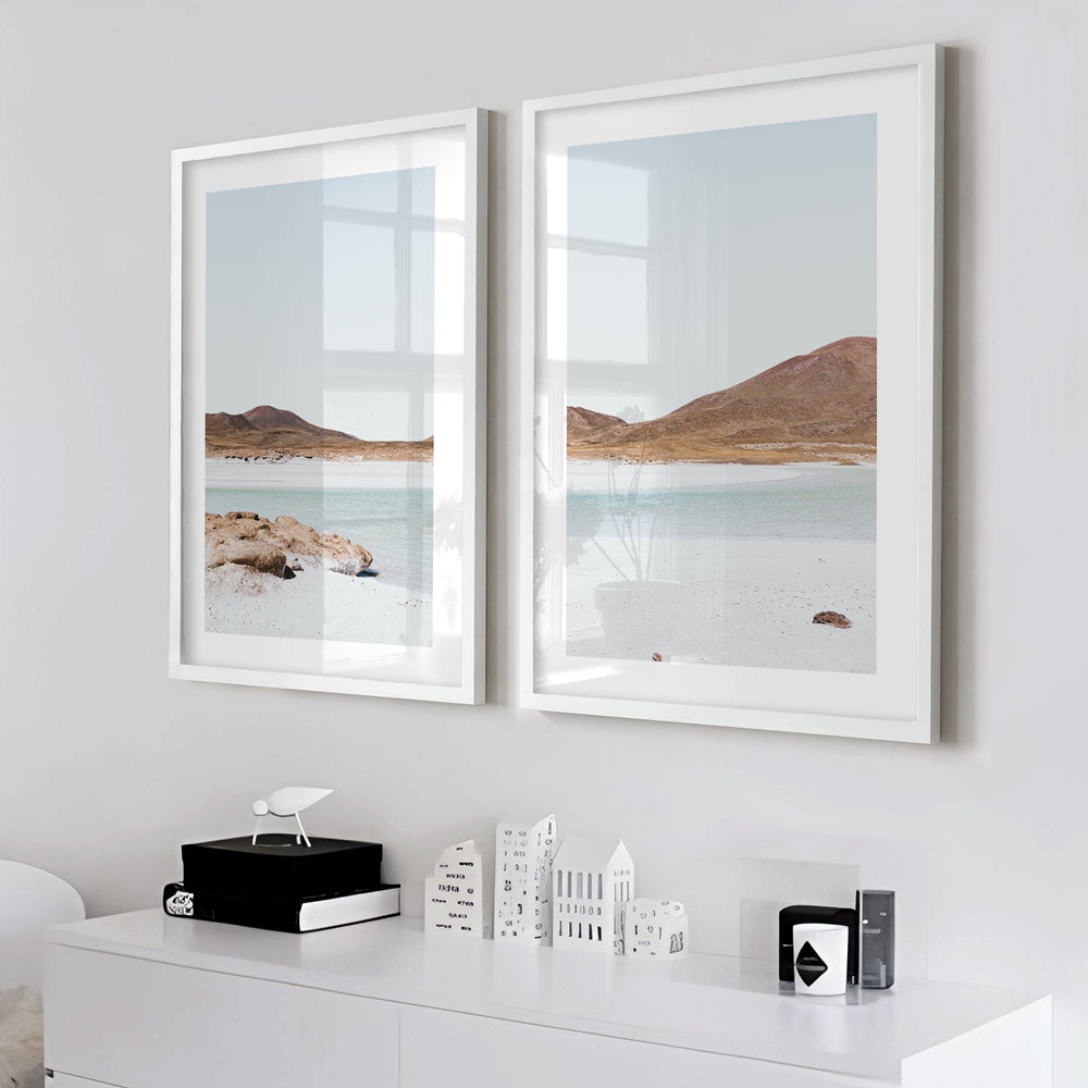 Serene Desert Landscape Oil Painting with Red Stones and Calm Waters