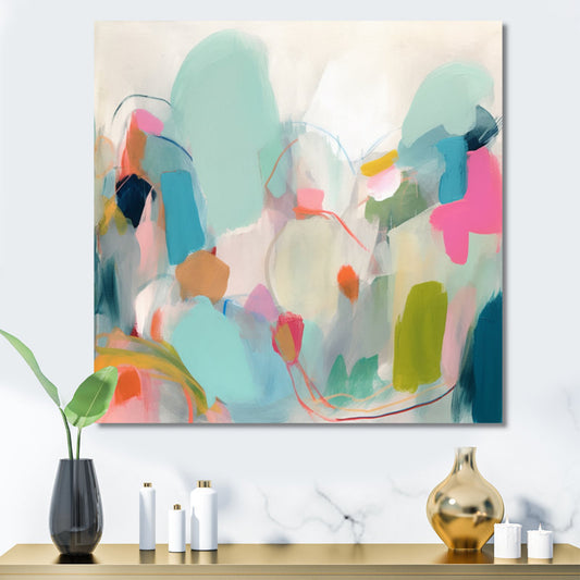 Abstract Oil Painting in Pink and Blue with Fluid Minimalist Design