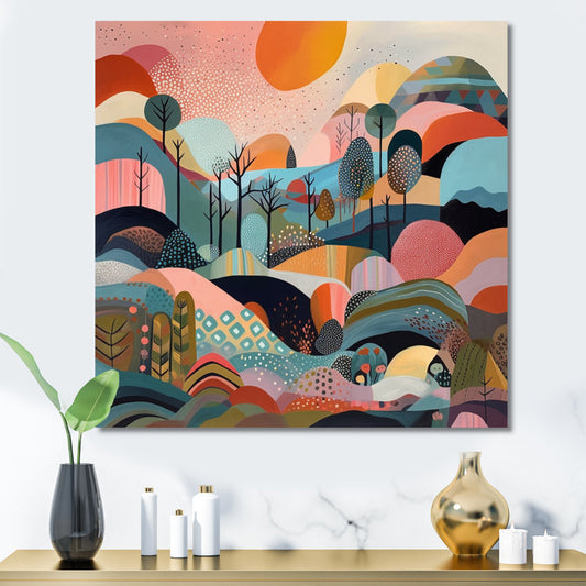 Vibrant Abstract Landscape Painting in Pink and Blue for Modern Home Decor