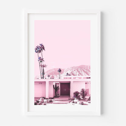 Vibrant Pink House with Palm Trees and Mountain View Oil Painting