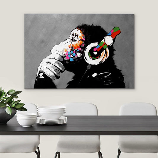 Urban Monkey Art: Colorful Graffiti with Headphones - Modern Street Art Oil Painting