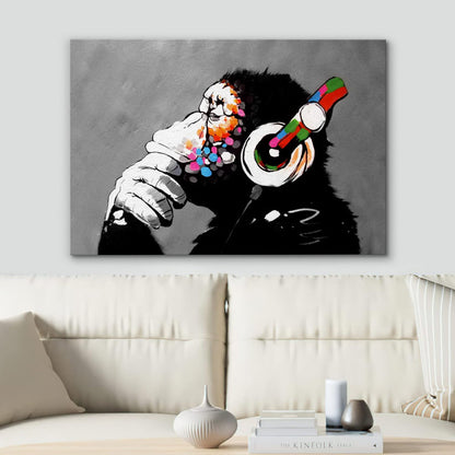 Urban Monkey Art: Colorful Graffiti with Headphones - Modern Street Art Oil Painting
