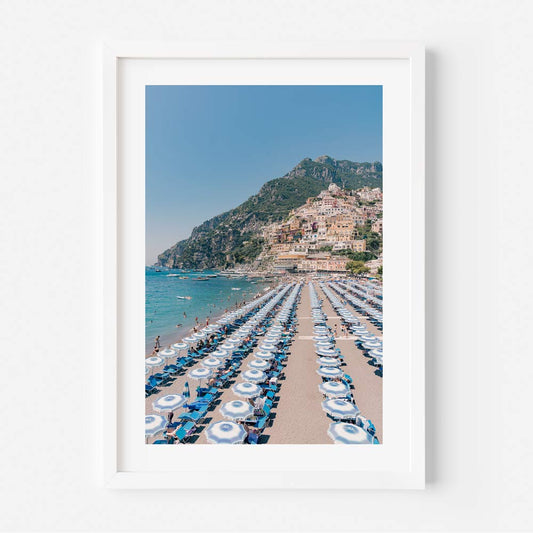 Dreamy Positano Beach Day Oil Painting with Colorful Umbrellas and Coastal Charm