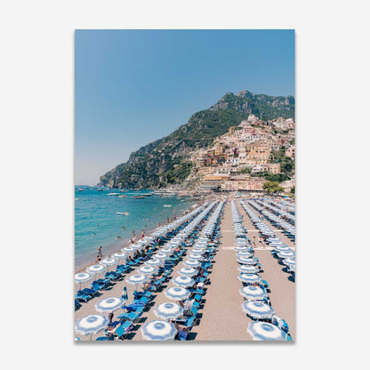Dreamy Positano Beach Day Oil Painting with Colorful Umbrellas and Coastal Charm