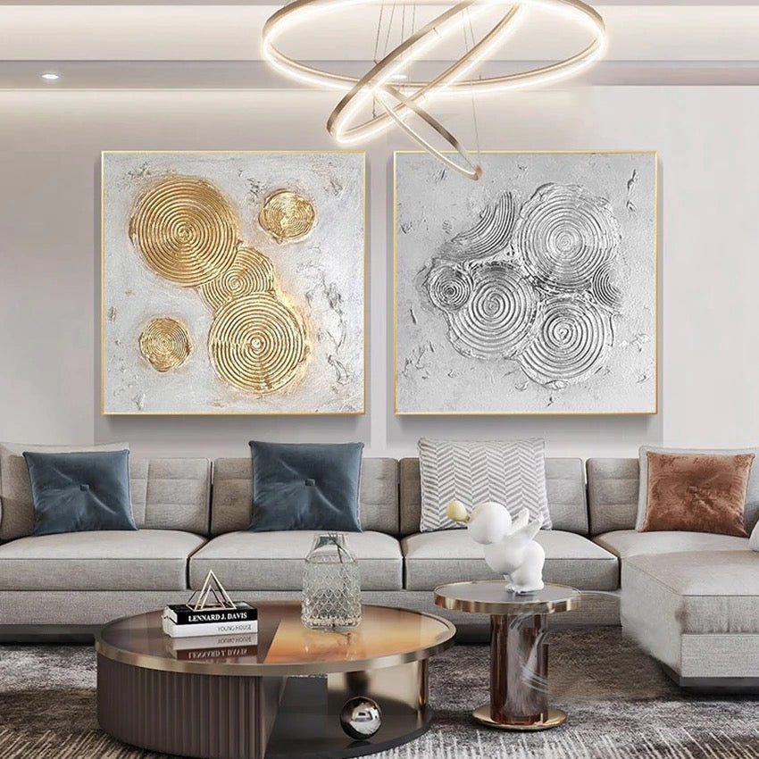 Abstract Gold and Silver Swirl Oil Painting for Modern Home Decor