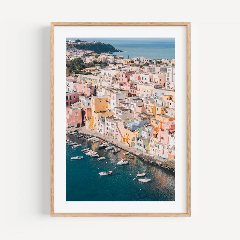 Stunning Coastal Village Oil Painting of Procida's Vibrant Seaside Architecture