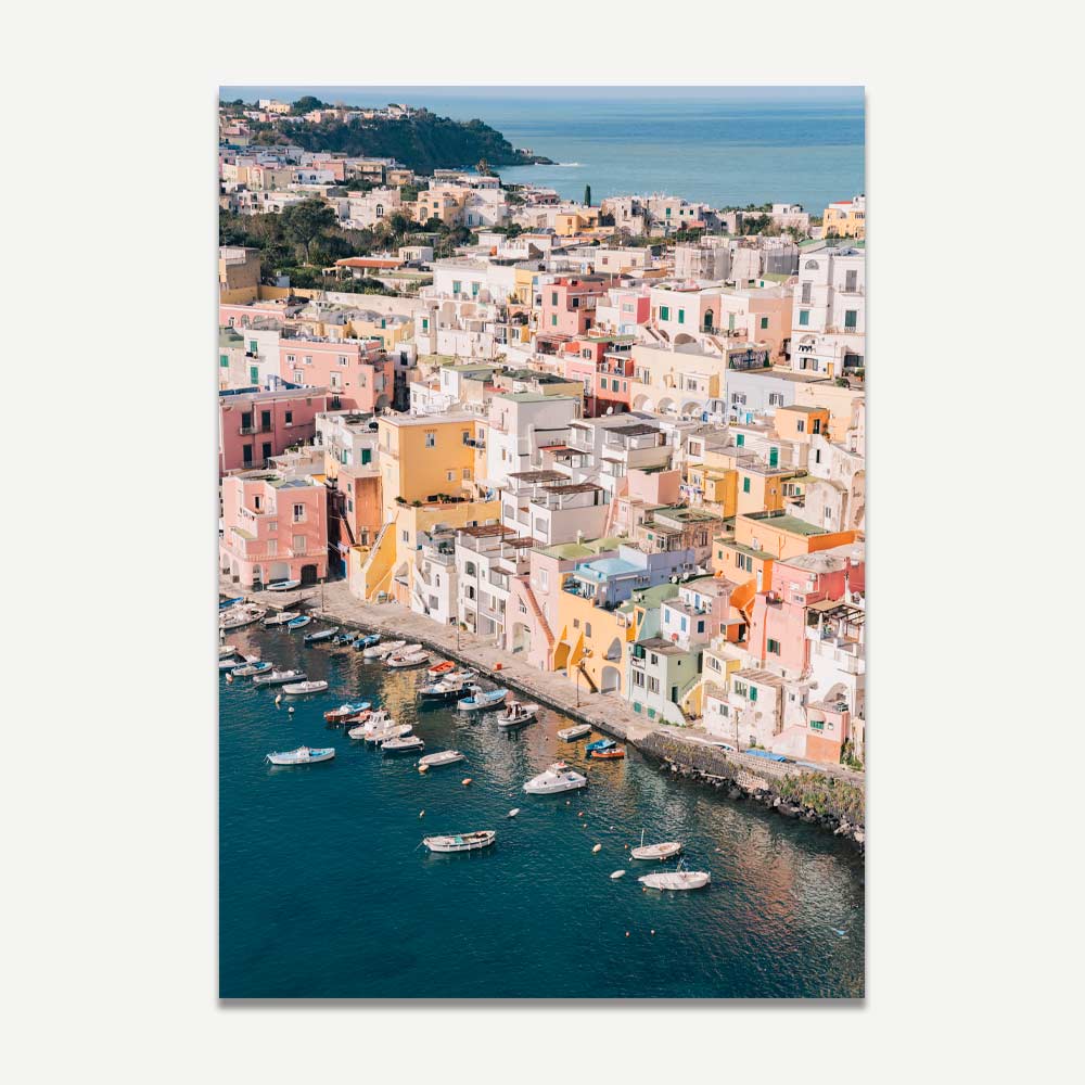 Stunning Coastal Village Oil Painting of Procida's Vibrant Seaside Architecture