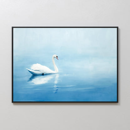 Serene White Swan Floating on Tranquil Blue Waters - Elegant Oil Painting Decor