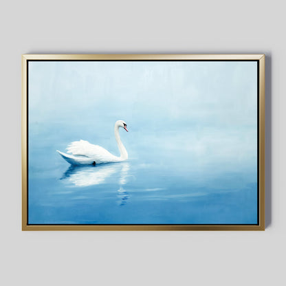 Serene White Swan Floating on Tranquil Blue Waters - Elegant Oil Painting Decor