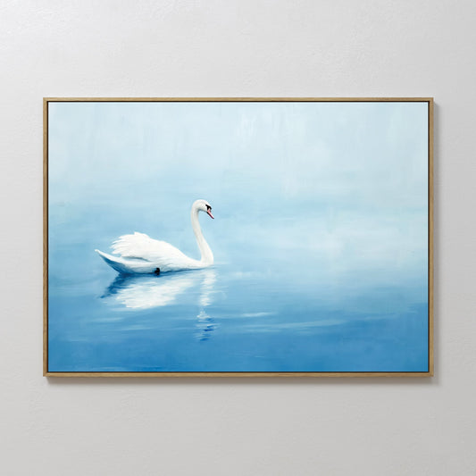 Serene White Swan Floating on Tranquil Blue Waters - Elegant Oil Painting Decor