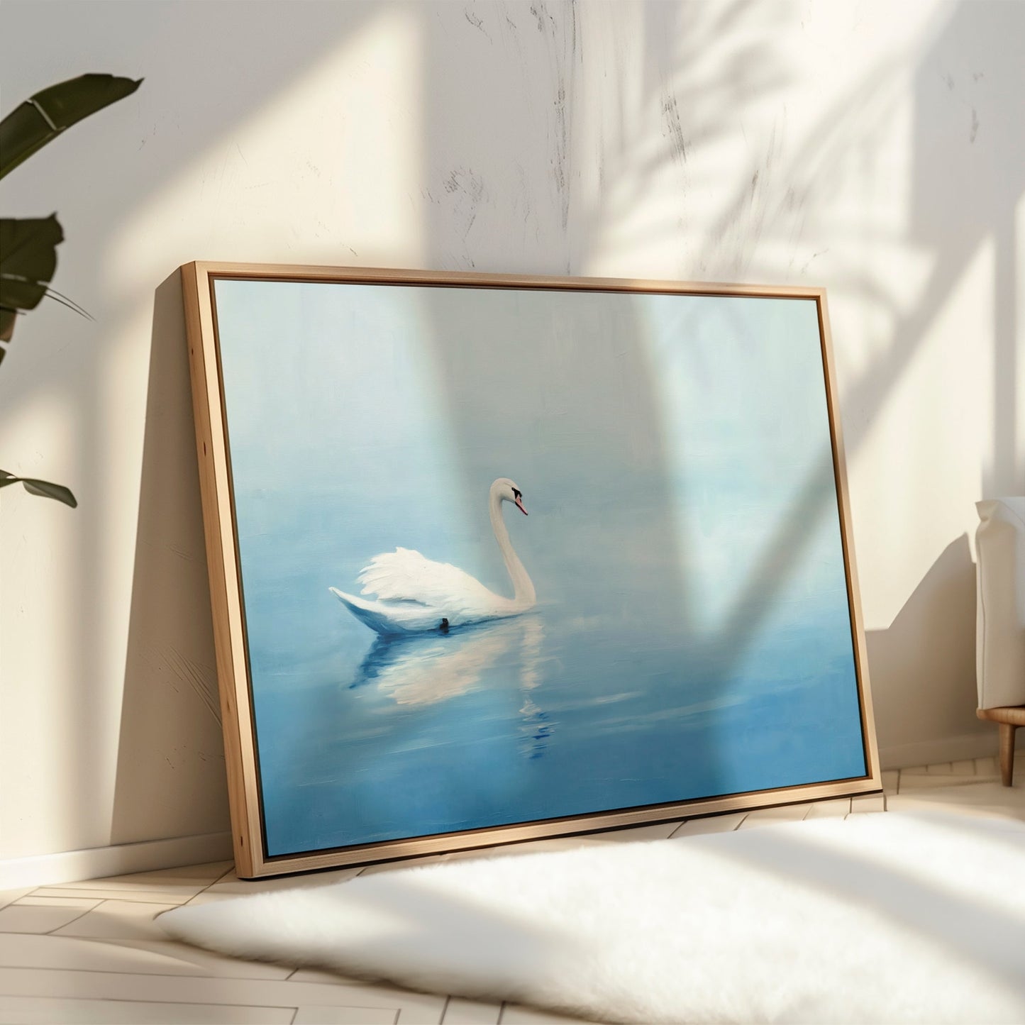 Serene White Swan Floating on Tranquil Blue Waters - Elegant Oil Painting Decor