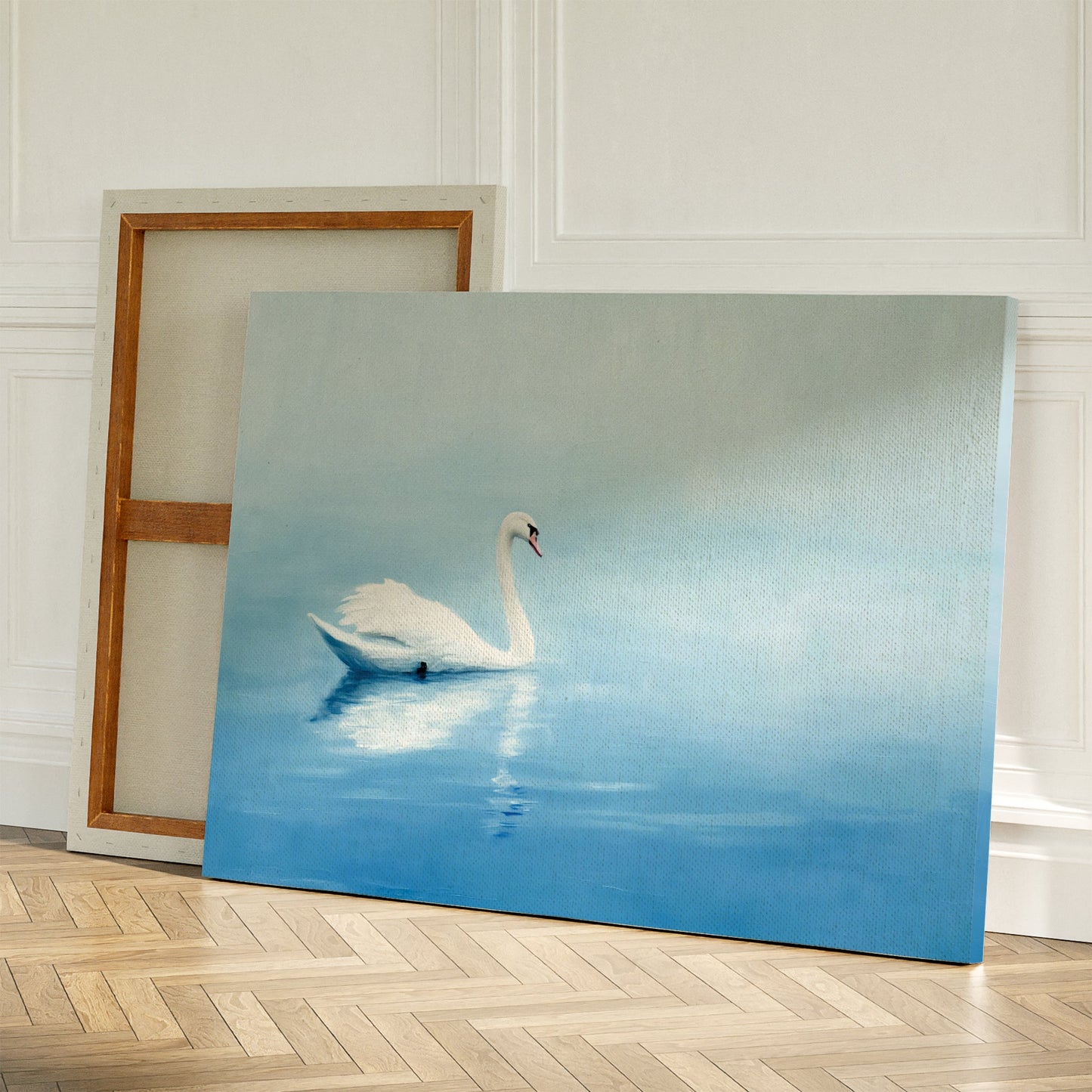 Serene White Swan Floating on Tranquil Blue Waters - Elegant Oil Painting Decor