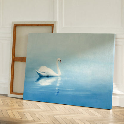 Serene White Swan Floating on Tranquil Blue Waters - Elegant Oil Painting Decor