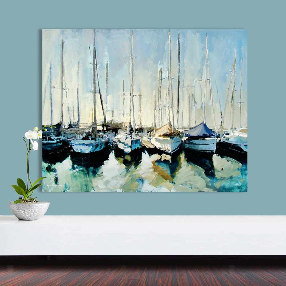 Serene Harbor Scene: Resting Sailboats In Tranquil Waters - Stunning Oil Painting