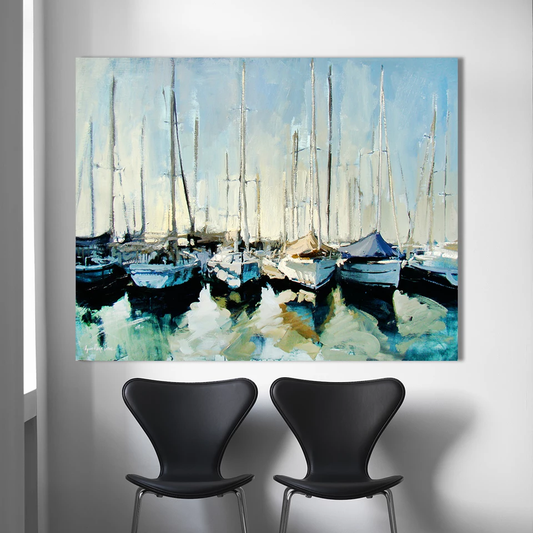 Serene Harbor Scene: Resting Sailboats In Tranquil Waters - Stunning Oil Painting