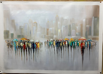 Vibrant Cityscape of Hong Kong with Umbrellas - Abstract Oil Painting