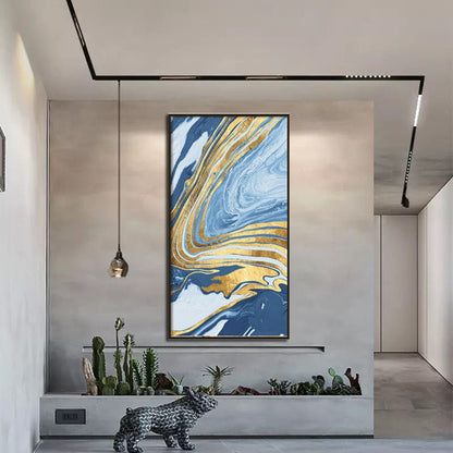 Serene Glacier Waves: Elegant Blue and Gold Abstract Oil Painting for Modern Decor