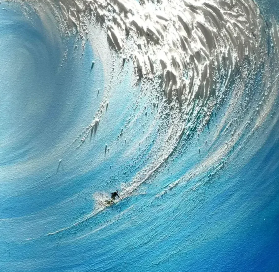 Dynamic Ocean Wave Oil Painting in Vibrant Blues and Silver Hues