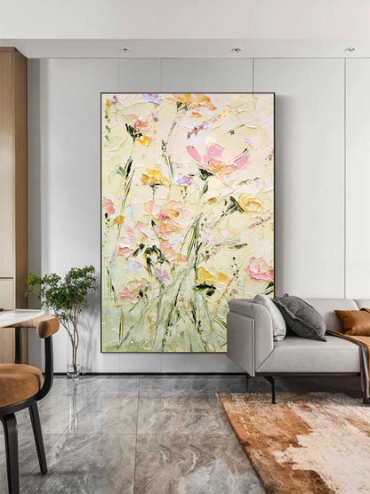 Vibrant Floral Oil Painting with Soft Pastels and Textured Brushstrokes