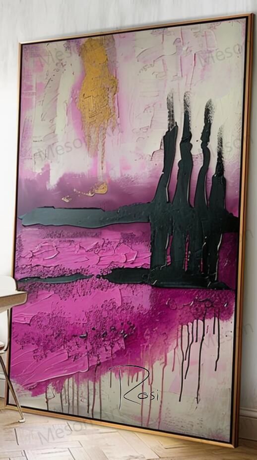 Abstract Pink and Black Oil Painting with Gold Accents for Modern Home Decor