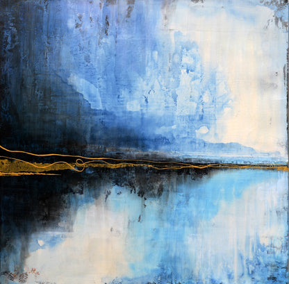 Serene Blue Reflections: Abstract Oil Painting for Modern Home Decor