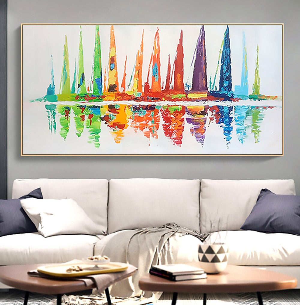 Vibrant Abstract Oil Painting of Colorful Reflections and Tall Structures