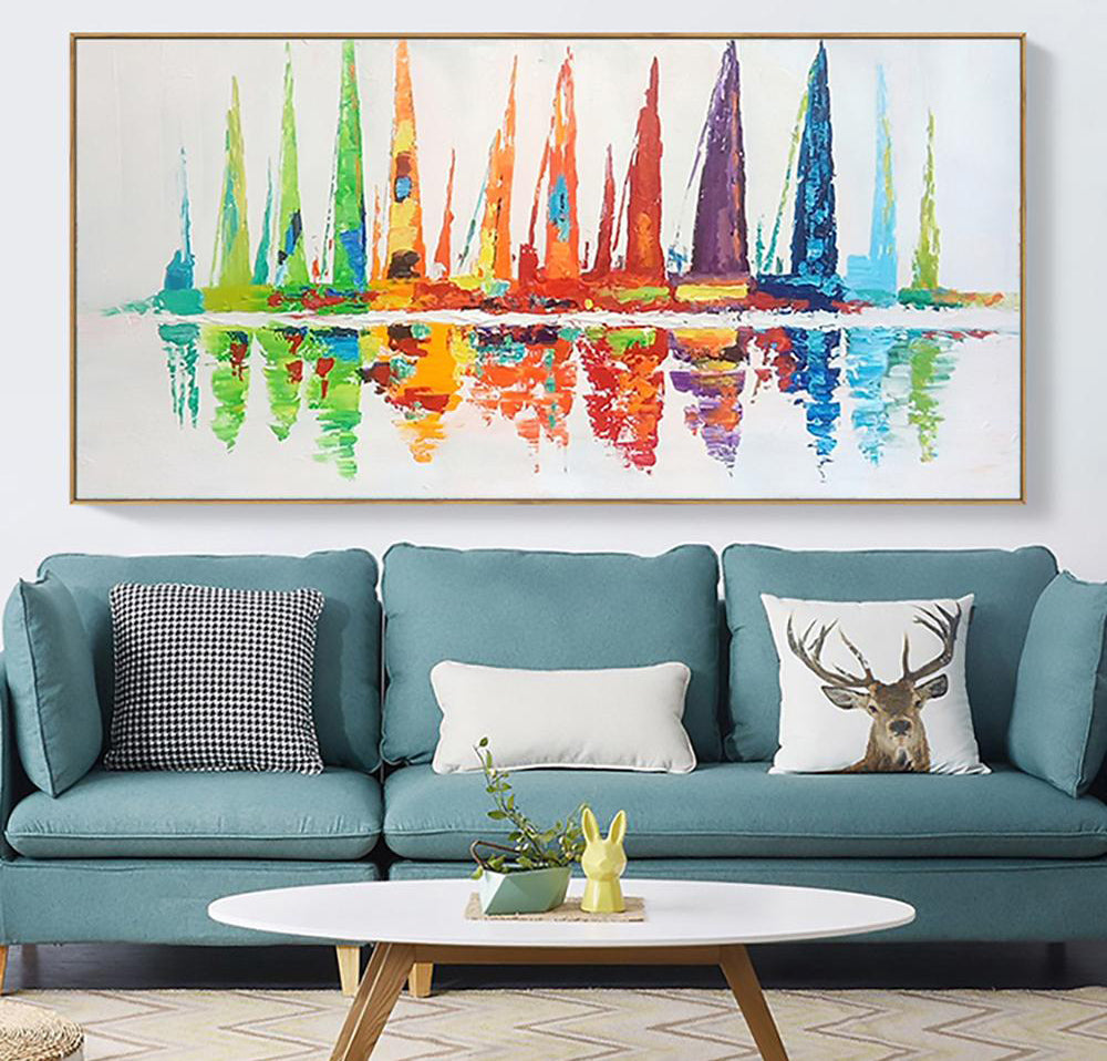 Vibrant Abstract Oil Painting of Colorful Reflections and Tall Structures