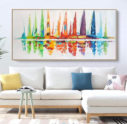 Vibrant Abstract Oil Painting of Colorful Reflections and Tall Structures