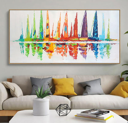 Vibrant Abstract Oil Painting of Colorful Reflections and Tall Structures