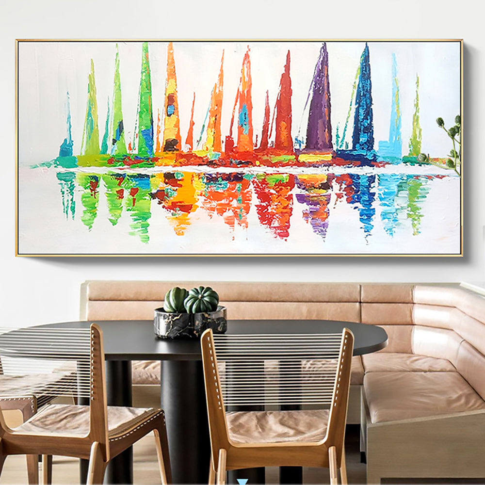 Vibrant Abstract Oil Painting of Colorful Reflections and Tall Structures