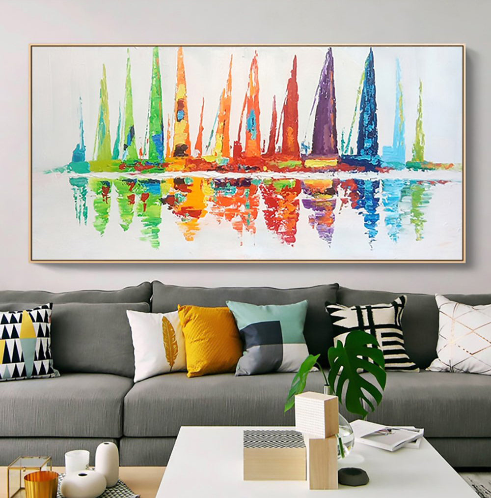 Vibrant Abstract Oil Painting of Colorful Reflections and Tall Structures