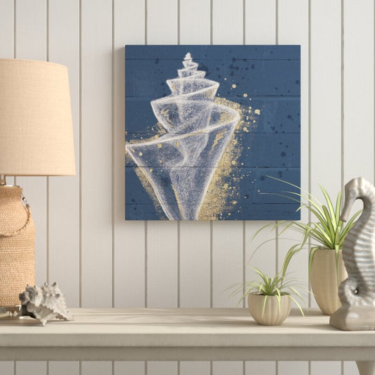 Abstract Conch Shell Oil Painting in Gold and White on Navy Beach Wall Art