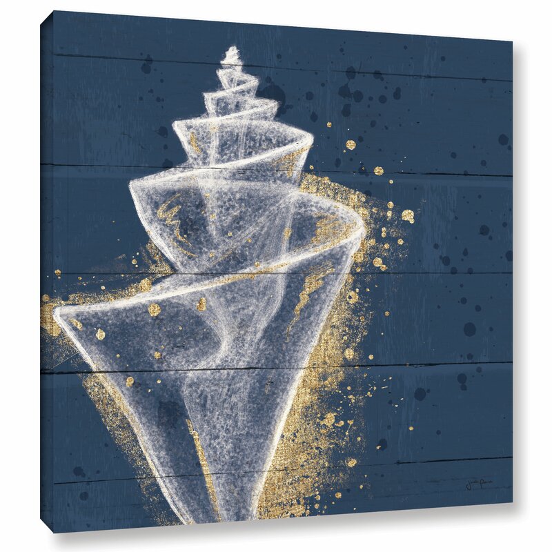 Abstract Conch Shell Oil Painting in Gold and White on Navy Beach Wall Art