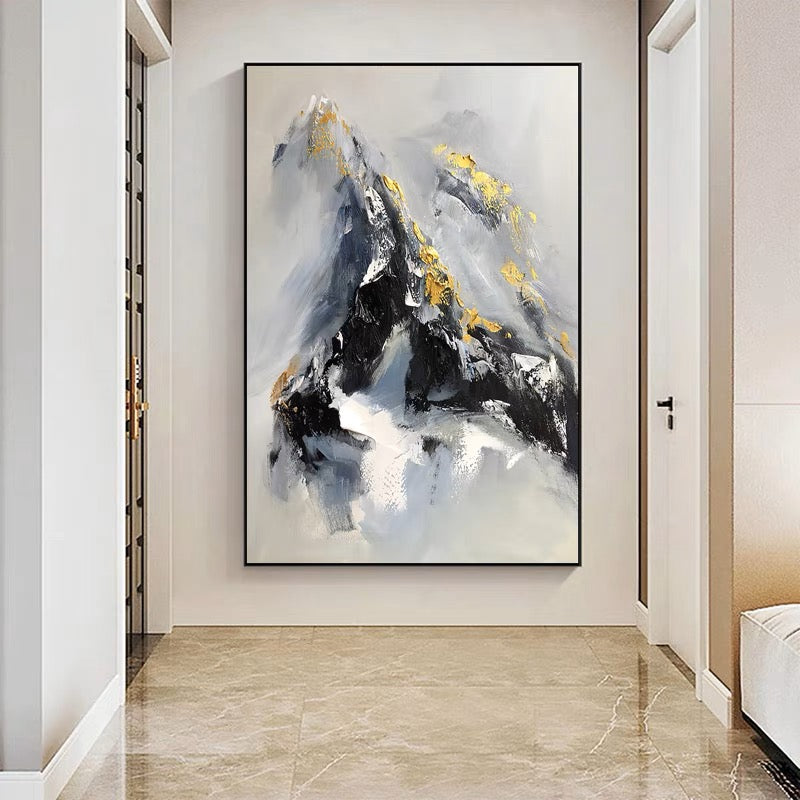 Majestic Mountain Landscape with Golden Highlights - Inspirational Oil Painting