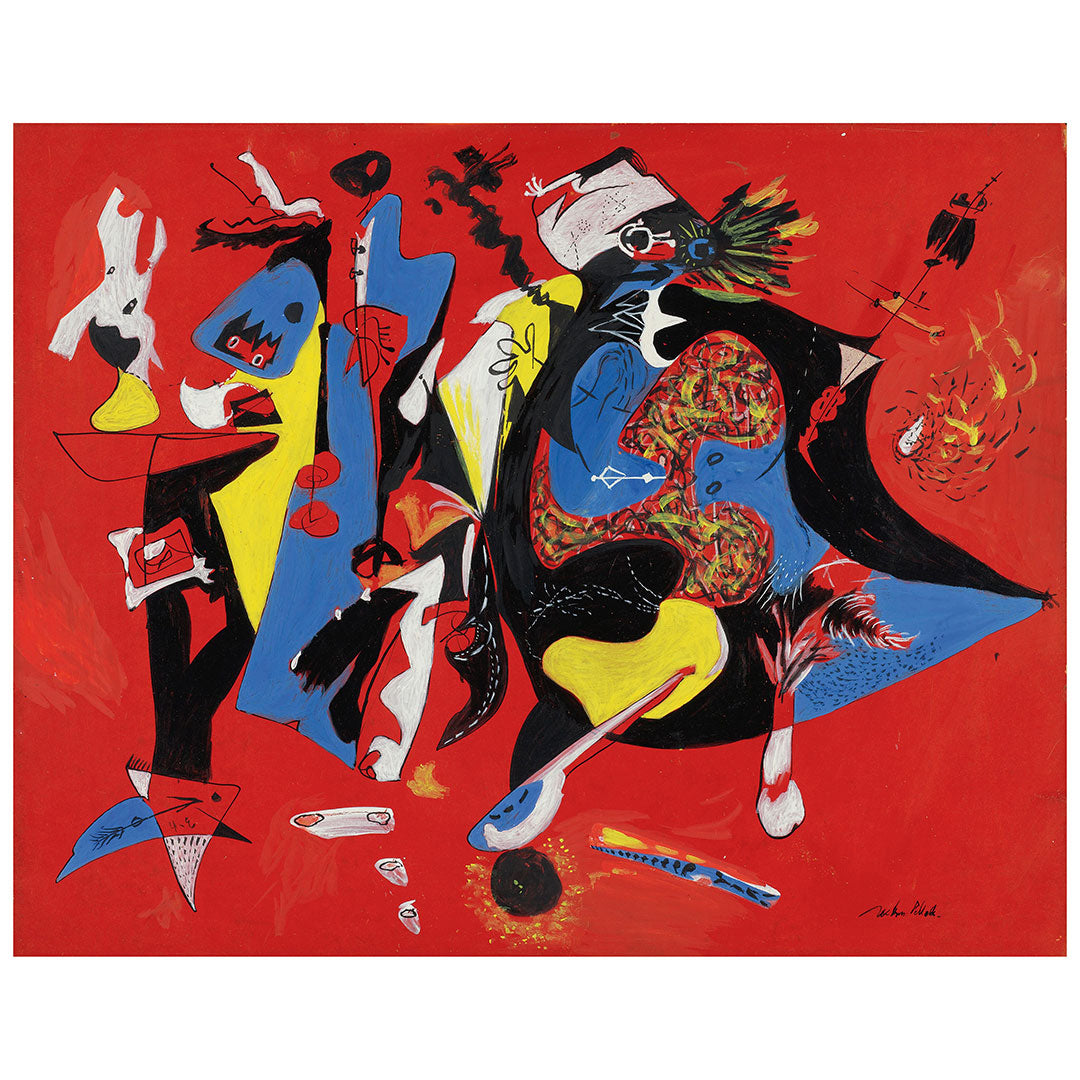 Vibrant Abstract Oil Painting of a Festive Celebration on Bold Red Canvas