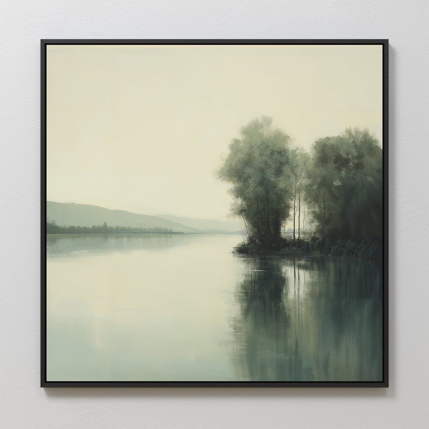 Tranquil River Landscape Oil Painting with Reflective Water and Lush Greenery