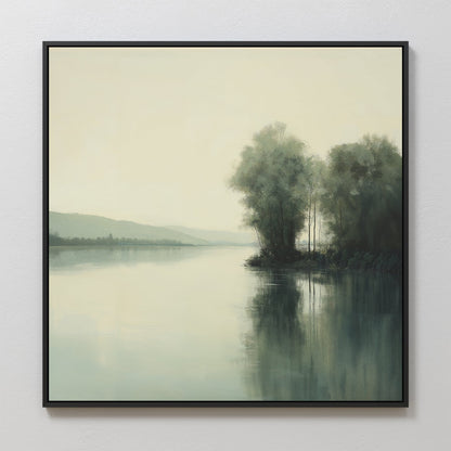 Tranquil River Landscape Oil Painting with Reflective Water and Lush Greenery