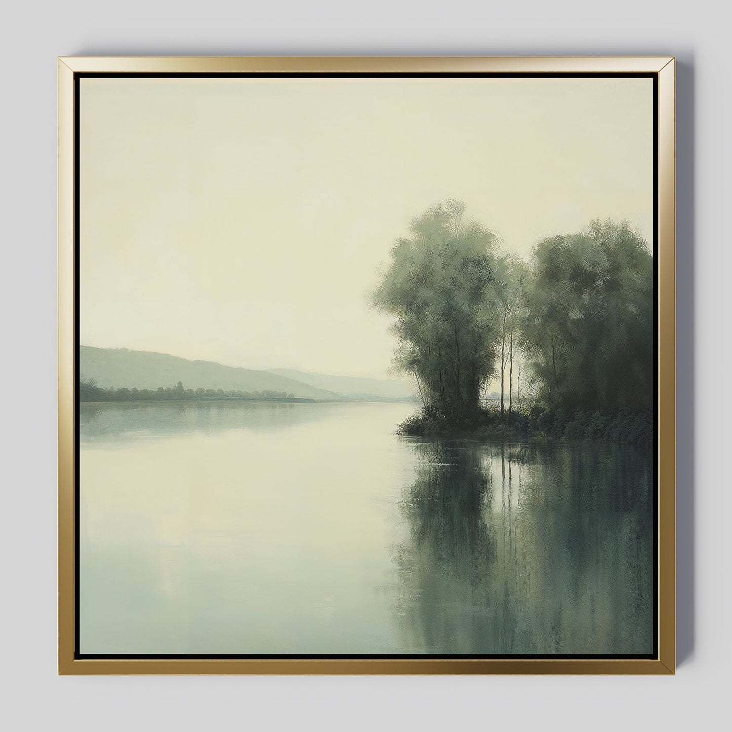 Tranquil River Landscape Oil Painting with Reflective Water and Lush Greenery