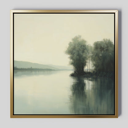 Tranquil River Landscape Oil Painting with Reflective Water and Lush Greenery