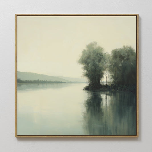 Tranquil River Landscape Oil Painting with Reflective Water and Lush Greenery