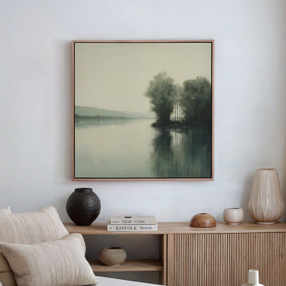 Tranquil River Landscape Oil Painting with Reflective Water and Lush Greenery