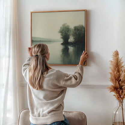 Tranquil River Landscape Oil Painting with Reflective Water and Lush Greenery
