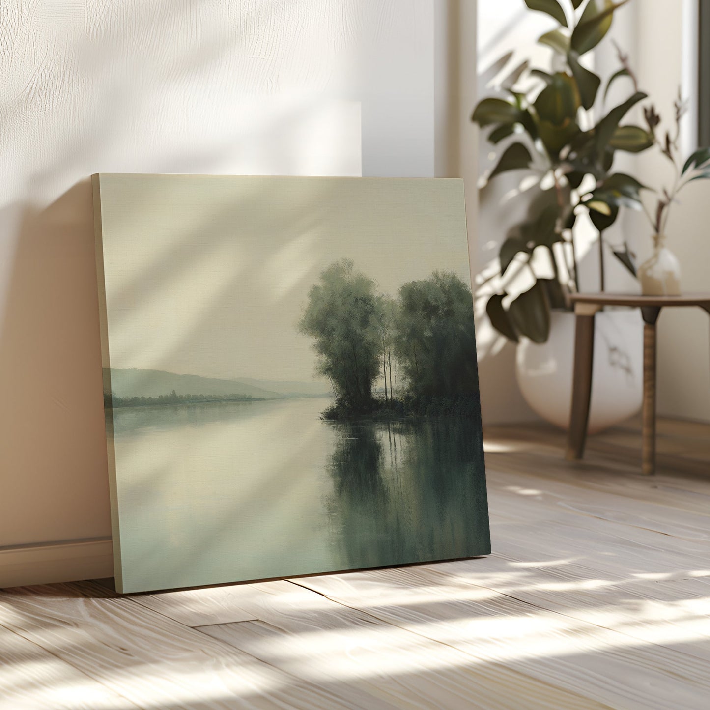 Tranquil River Landscape Oil Painting with Reflective Water and Lush Greenery