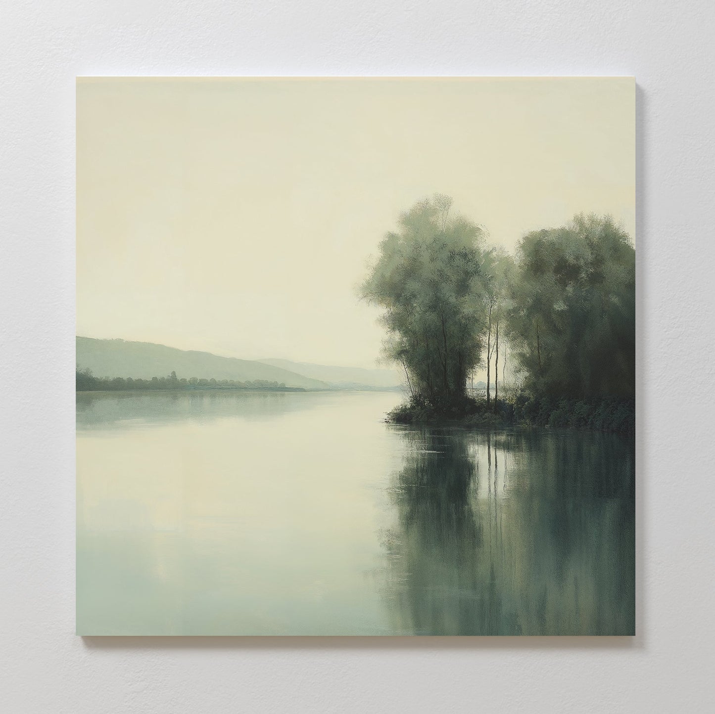Tranquil River Landscape Oil Painting with Reflective Water and Lush Greenery