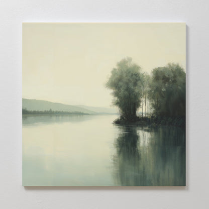 Tranquil River Landscape Oil Painting with Reflective Water and Lush Greenery
