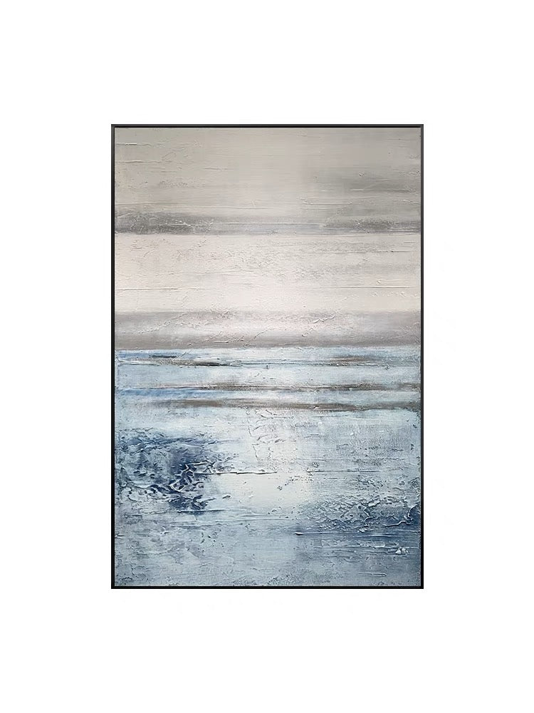 Serene Coastal Horizon: Tranquil Blue and White Abstract Oil Painting