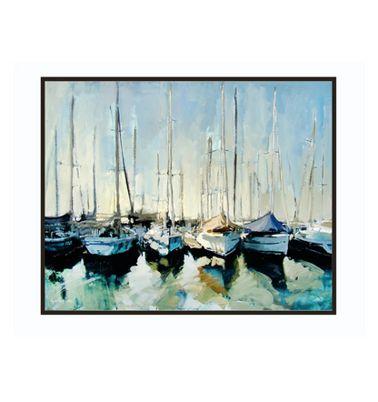 Serene Harbor Scene: Resting Sailboats In Tranquil Waters - Stunning Oil Painting