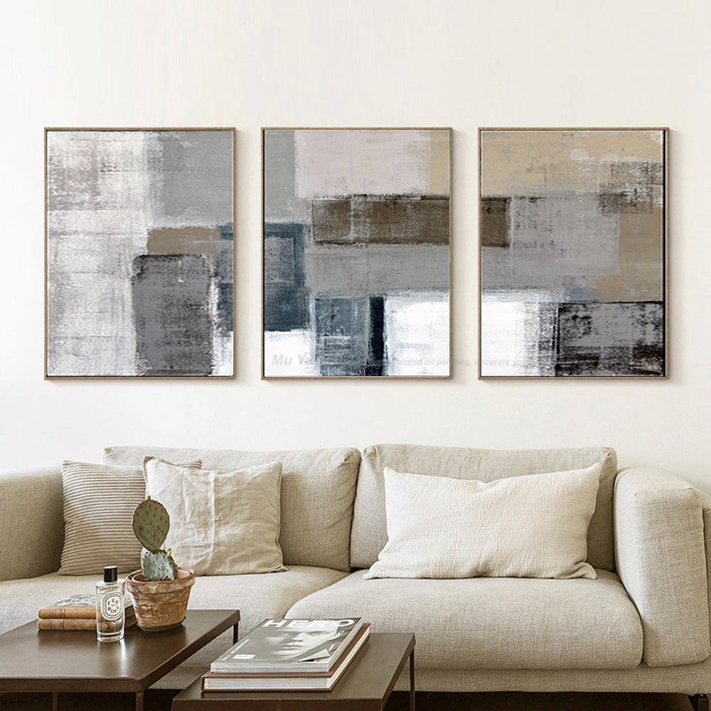 Abstract Mountain Landscape Oil Painting in Gray and Beige Tones